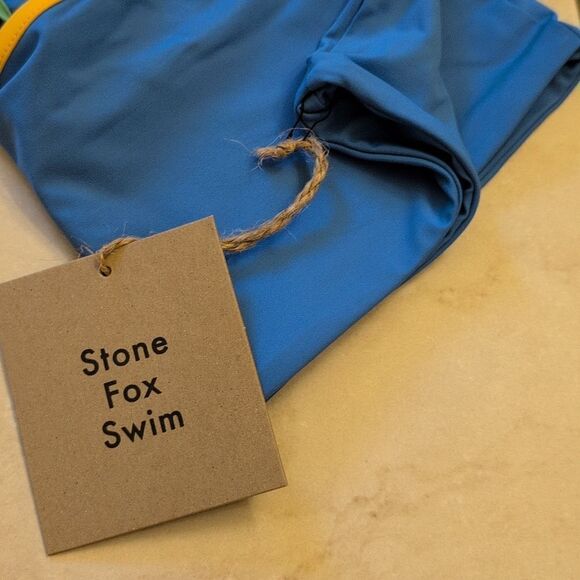 NWT Stone Fox Ibiza One-Shoulder Bikini Top Blue Apple Mint Tranquil Color Block - Picture 6 of 10